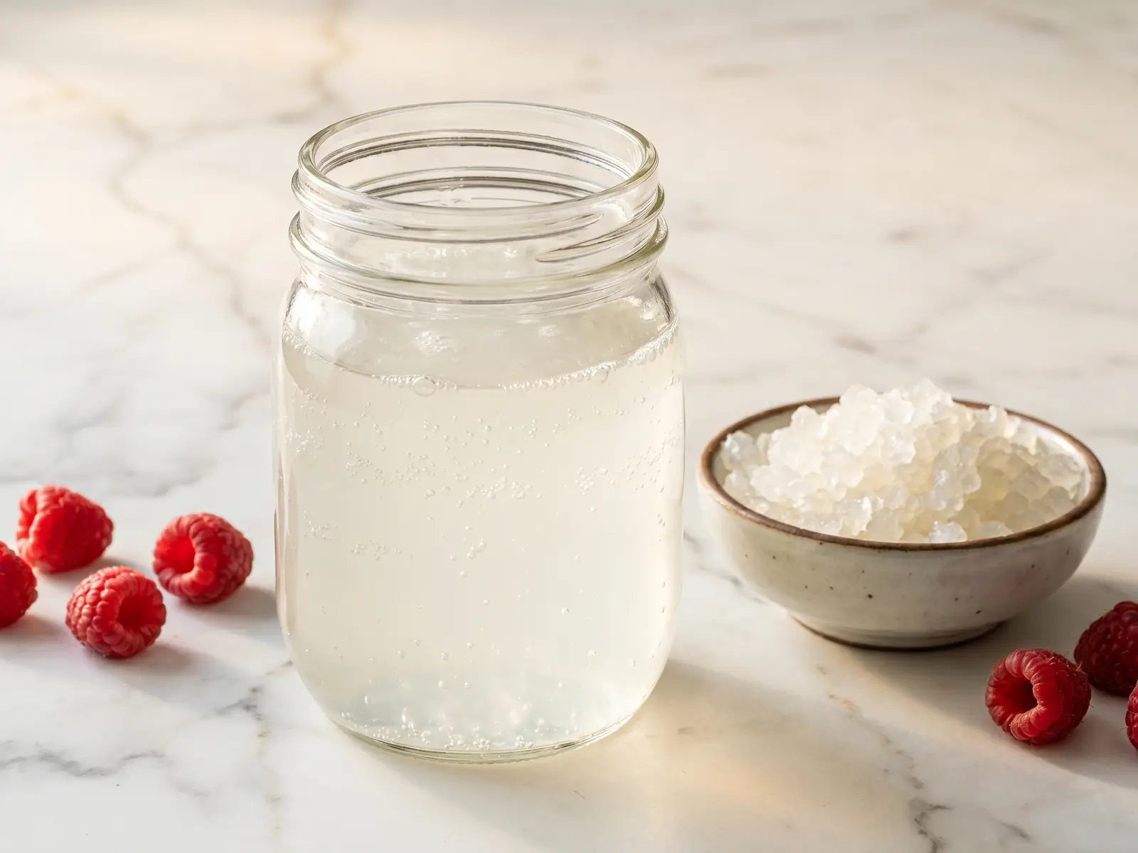 recette kefir de fruit Bocal de kéfir d’eau sur marbre blanc, avec grains translucides et framboises fraîches à côté.