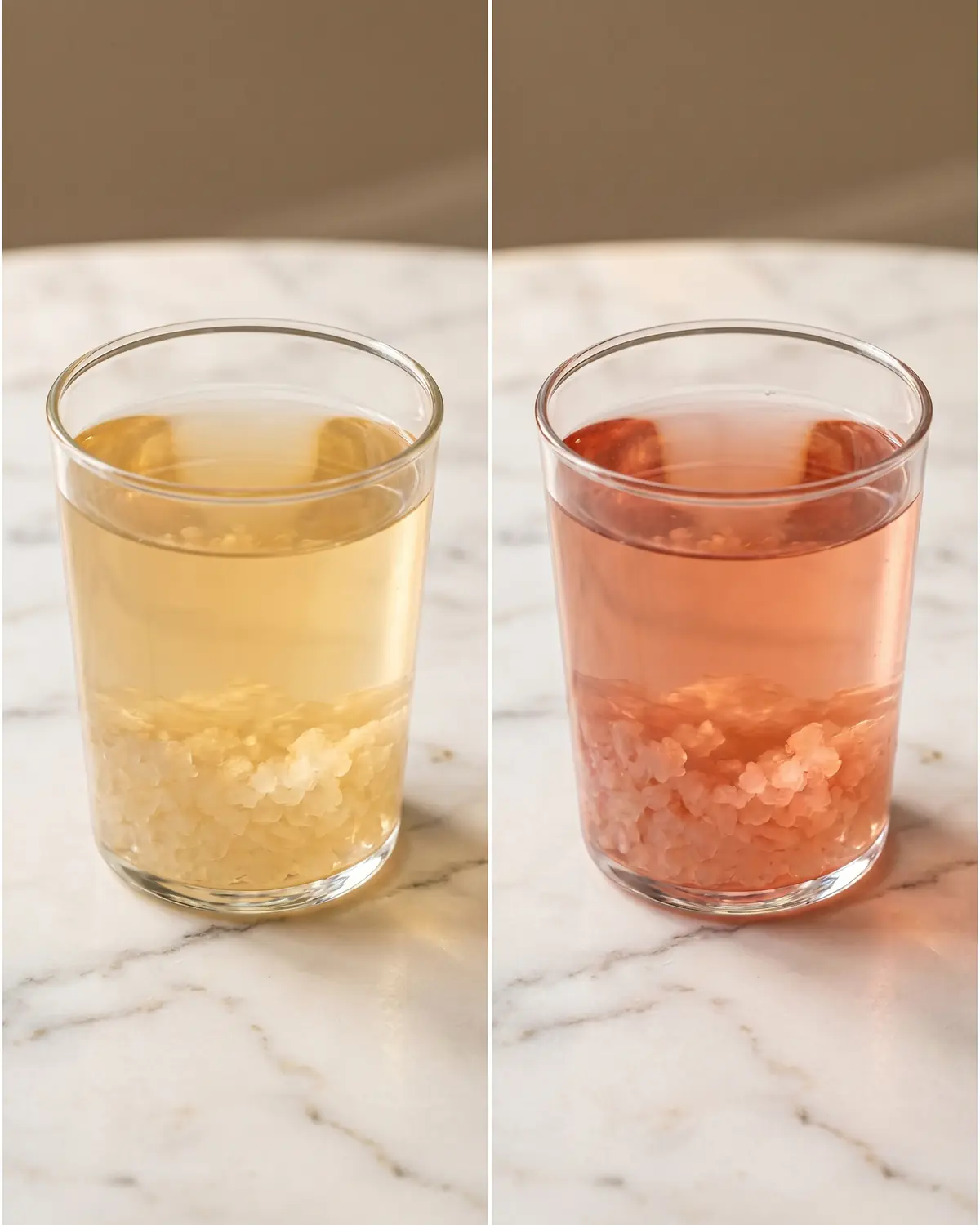 water kefir Deux verres de kéfir d’eau, l’un nature et l’autre infusé à l’hibiscus, présentés en comparaison