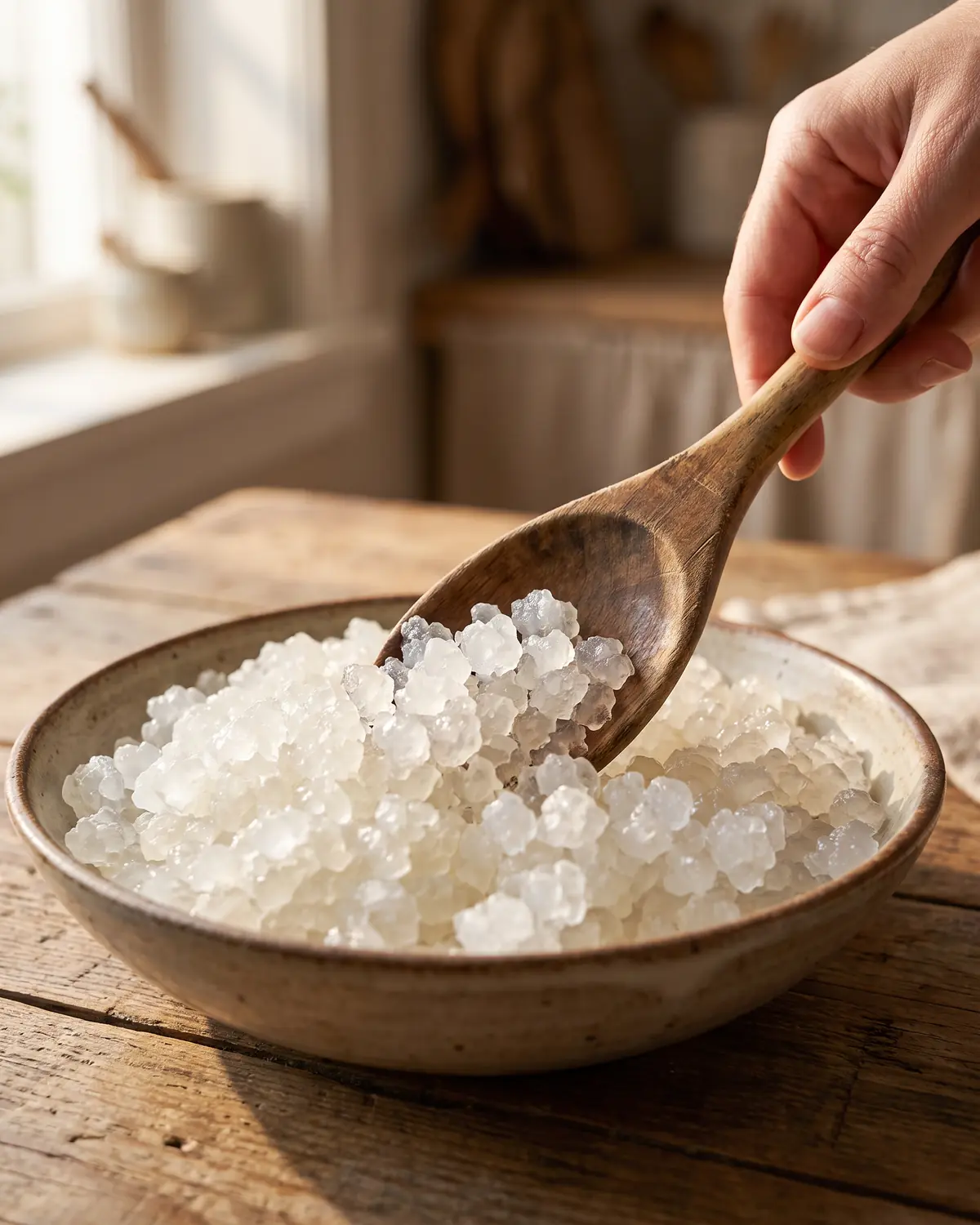 Une main d&eacute;place doucement des grains cristallins de k&eacute;fir d&rsquo;eau au fond avec une cuill&egrave;re en bois.
