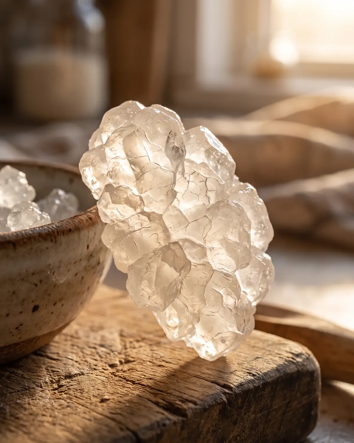 Macro d&rsquo;un grain de k&eacute;fir d&rsquo;eau translucide montrant ses fissures internes sous une lumi&egrave;re douce d&rsquo;aube.