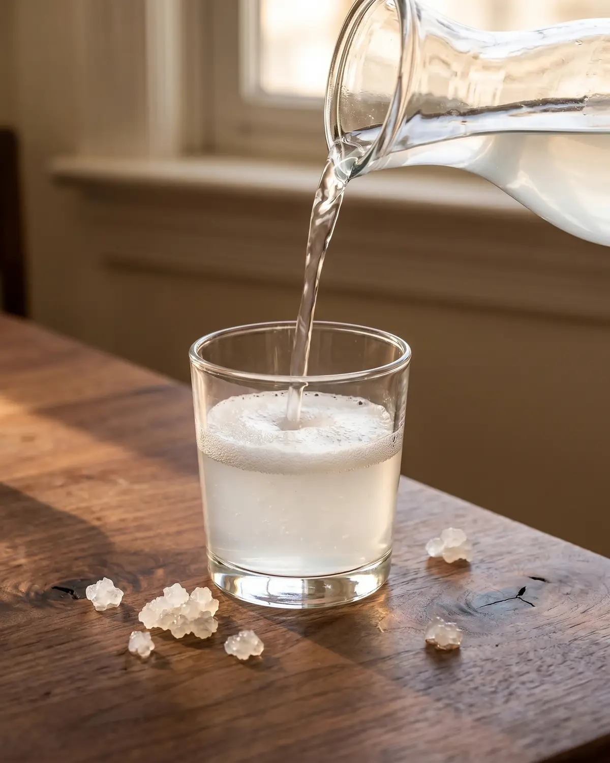 recette kefir de fruit Kéfir d’eau versé dans un verre bas sur une table en noyer, avec une mousse légère en surface.