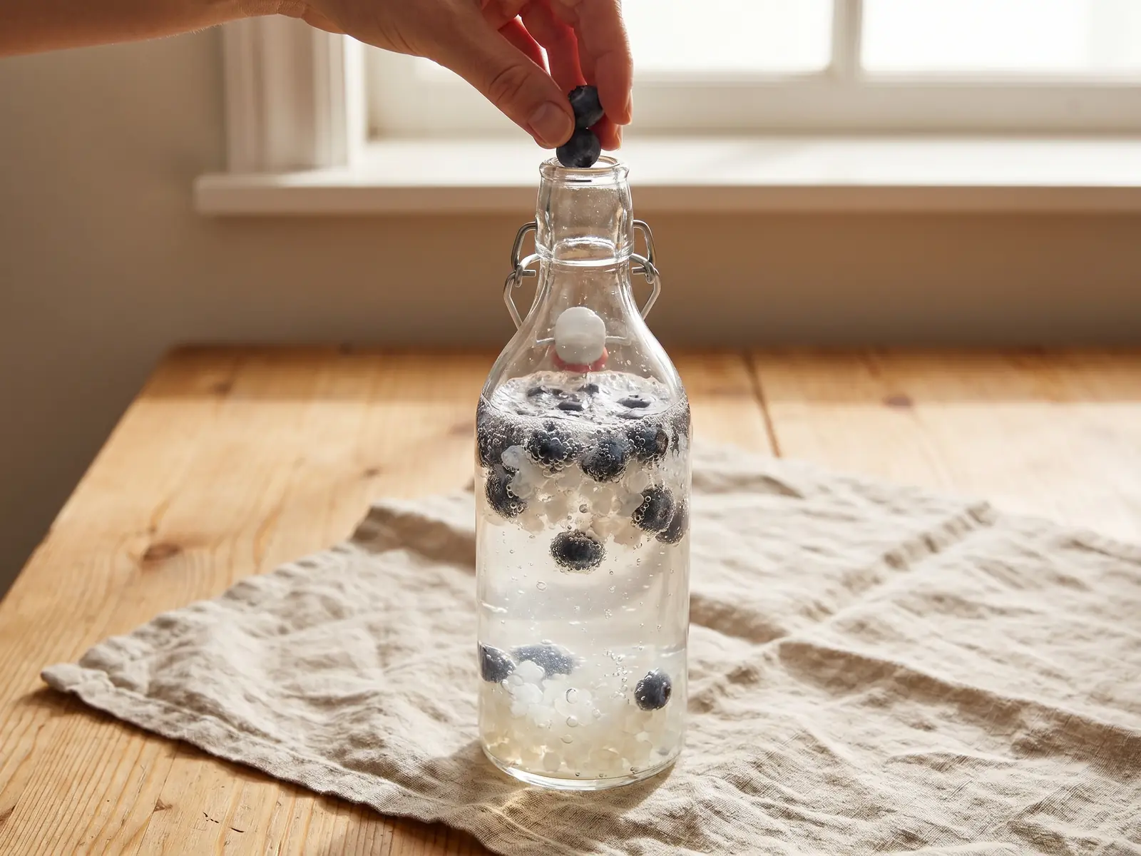 kefir de fruit alcool Une main ajoute des myrtilles dans une bouteille de kéfir d’eau posée sur une table en pin et du lin.