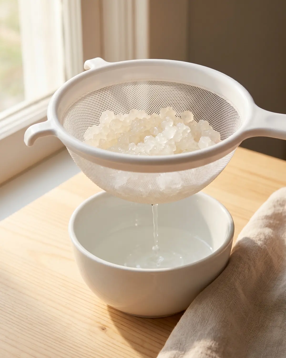 Grains translucides de k&eacute;fir d&rsquo;eau &eacute;goutt&eacute;s dans une passoire blanche au-dessus d&rsquo;un bol propre.