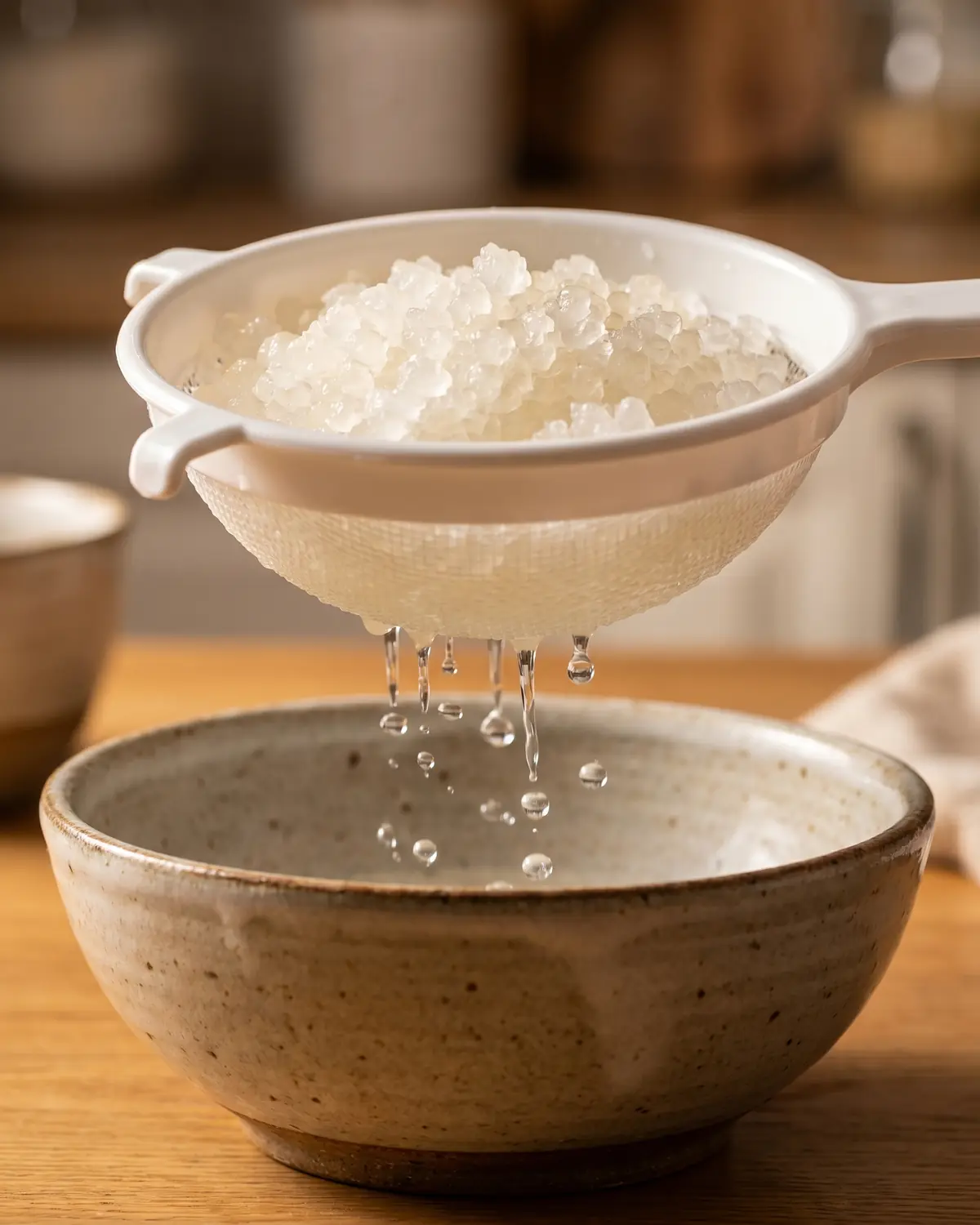Grains translucides de k&eacute;fir d&rsquo;eau dans une passoire blanche, avec des gouttes tombant dans un bol.