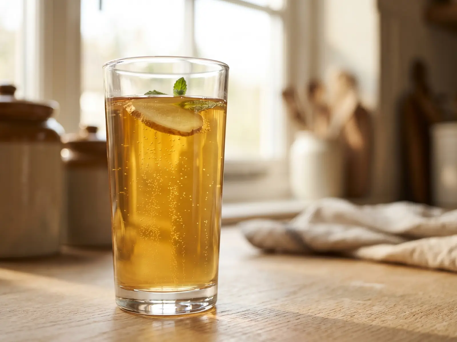 Verre de k&eacute;fir de fruits en contre-jour, avec du gingembre et de la menthe fra&icirc;che sur le dessus.