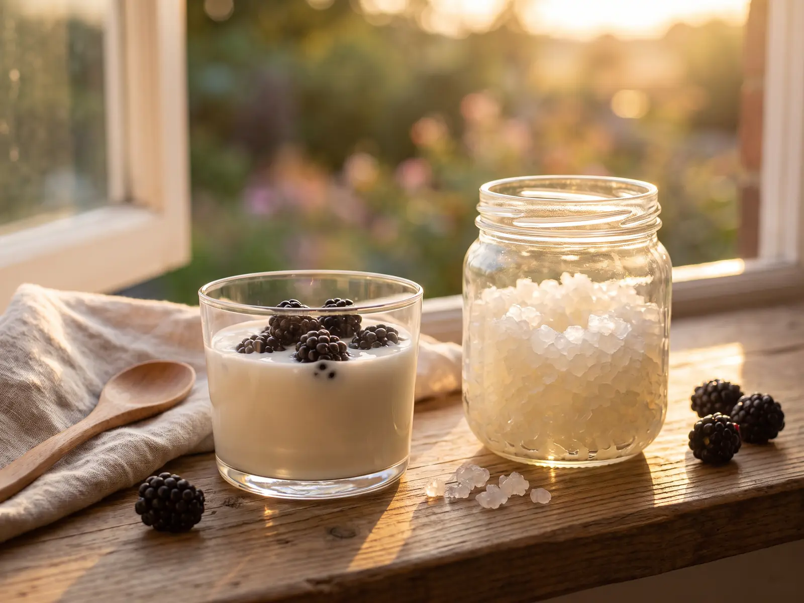 Verre de k&eacute;fir d&rsquo;eau aux m&ucirc;res pr&egrave;s d&rsquo;un bocal de grains translucides, &eacute;clair&eacute; par un coucher de soleil d&rsquo;&eacute;t&eacute;.