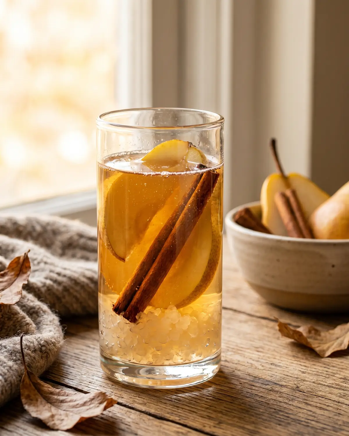 Verre de k&eacute;fir d&rsquo;eau avec poire en lamelles et cannelle, dans une ambiance maison automnale.