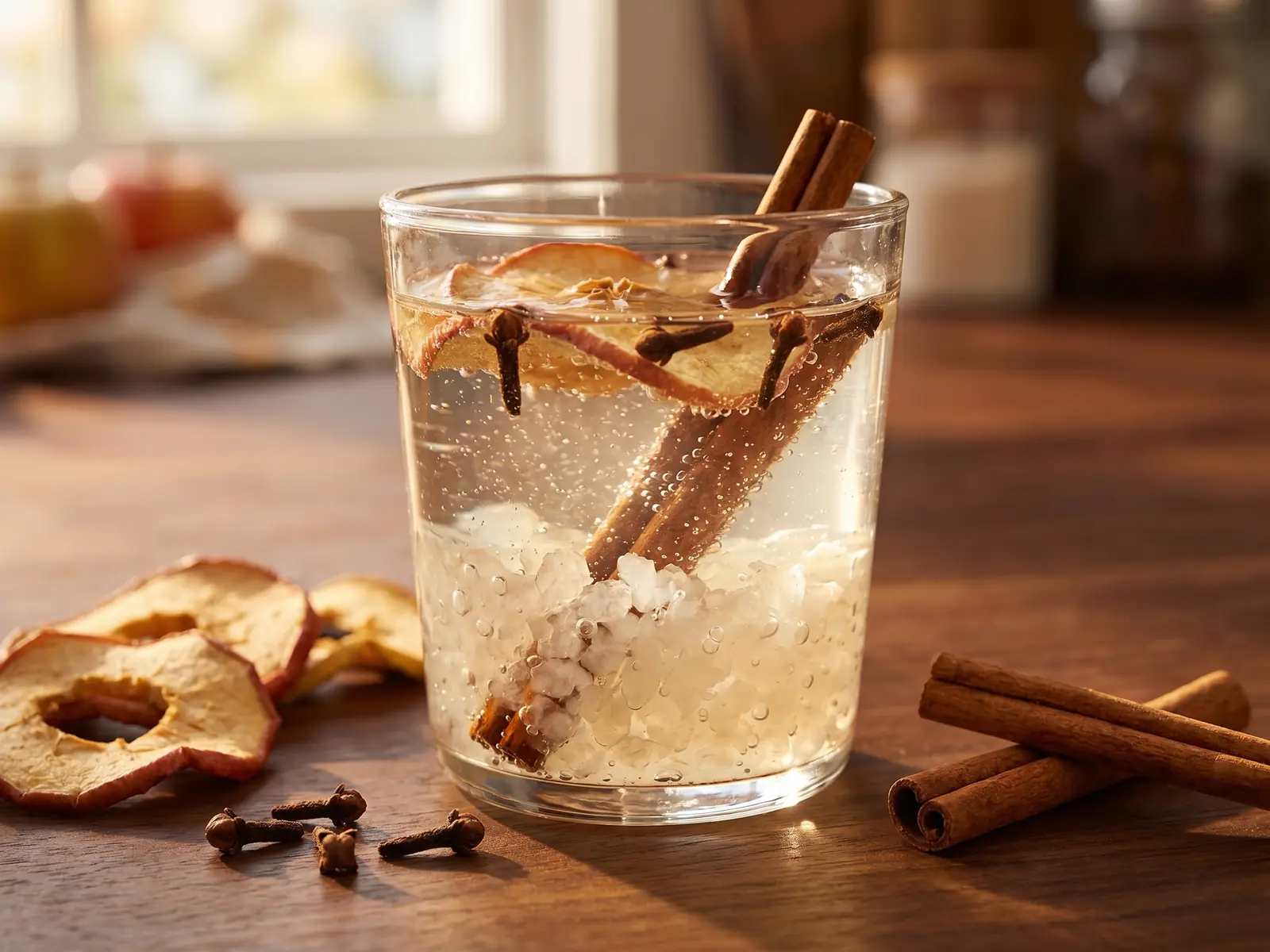 water kefir Verre de kéfir d’eau avec pomme sèche, clou de girofle et cannelle sur bois en lumière chaude