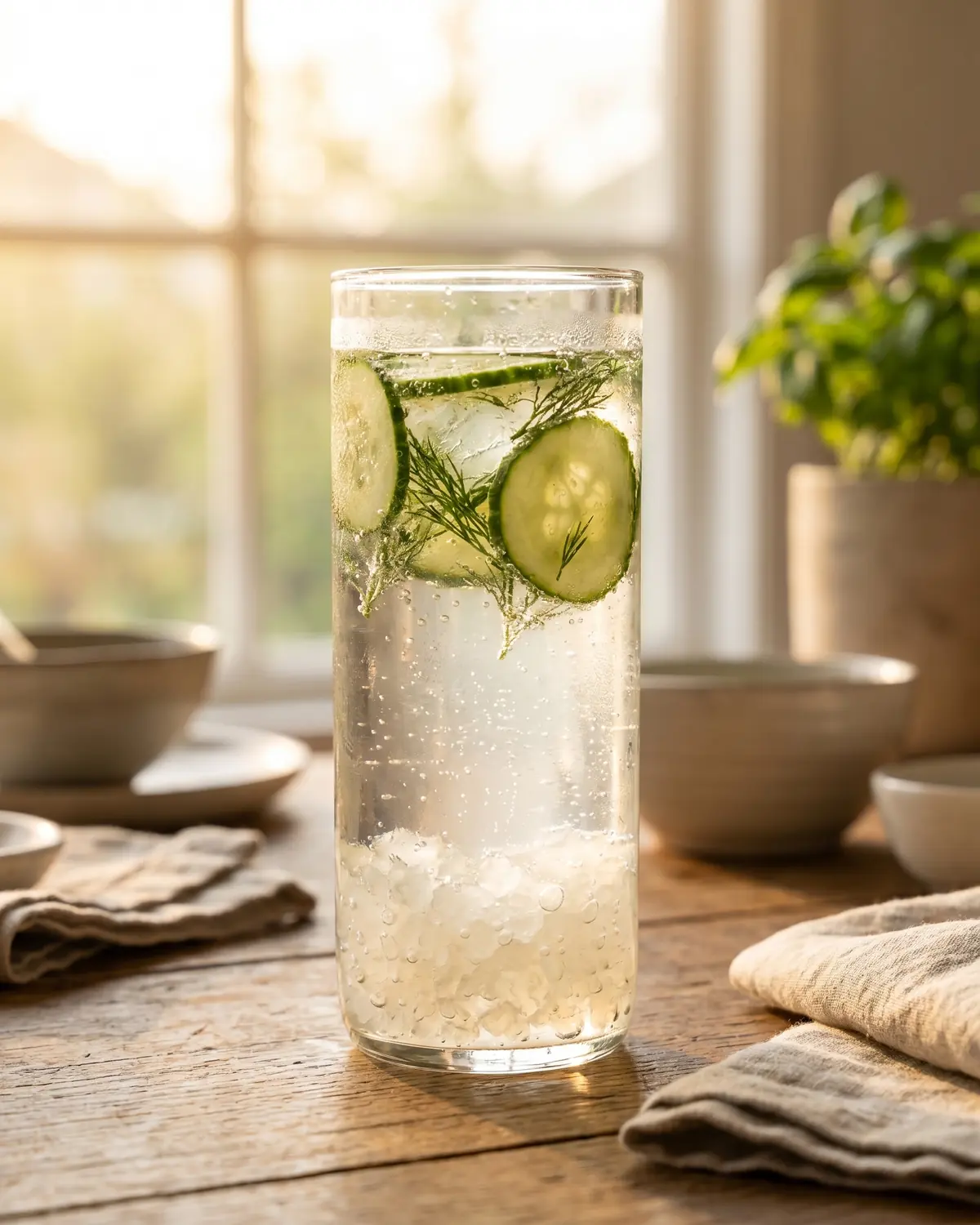Verre vertical de k&eacute;fir d&rsquo;eau avec rondelles de concombre, aneth frais et fines bulles.