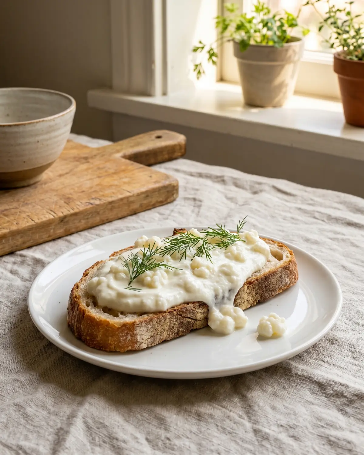 cure de kefir Kéfir épais à l’aneth servi sur du pain rustique, avec assiette blanche et fond en lin brut.