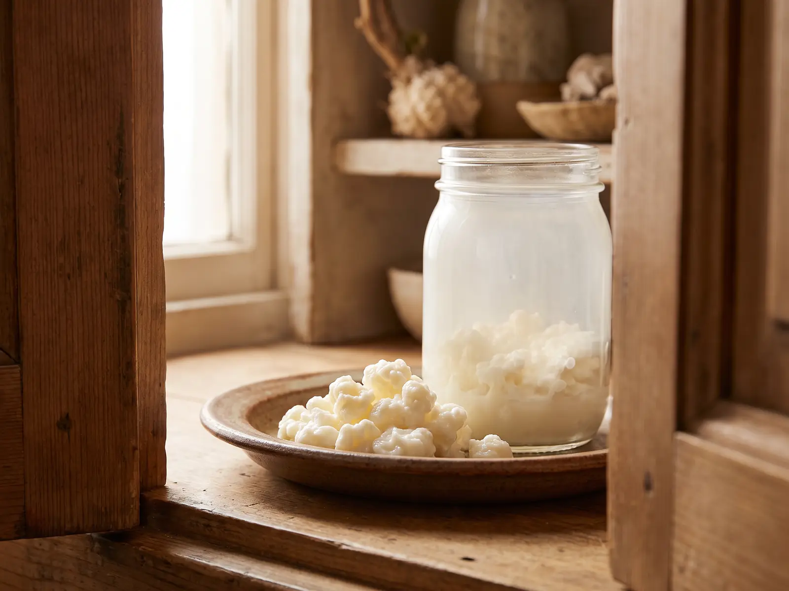 kéfir perdre du ventre Bocal de kéfir de lait dans une assiette basse, avec des grains visibles et une lumière chaude