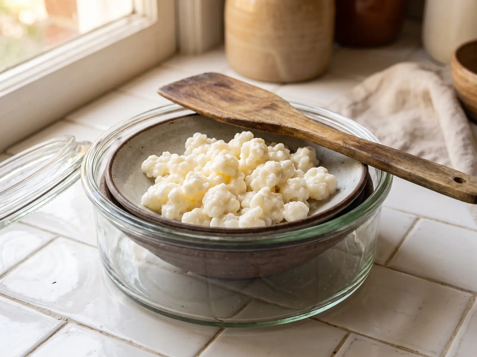 Bocal ouvert de grains de k&eacute;fir sur une assiette creuse, avec spatule en bois sur des carreaux blancs.