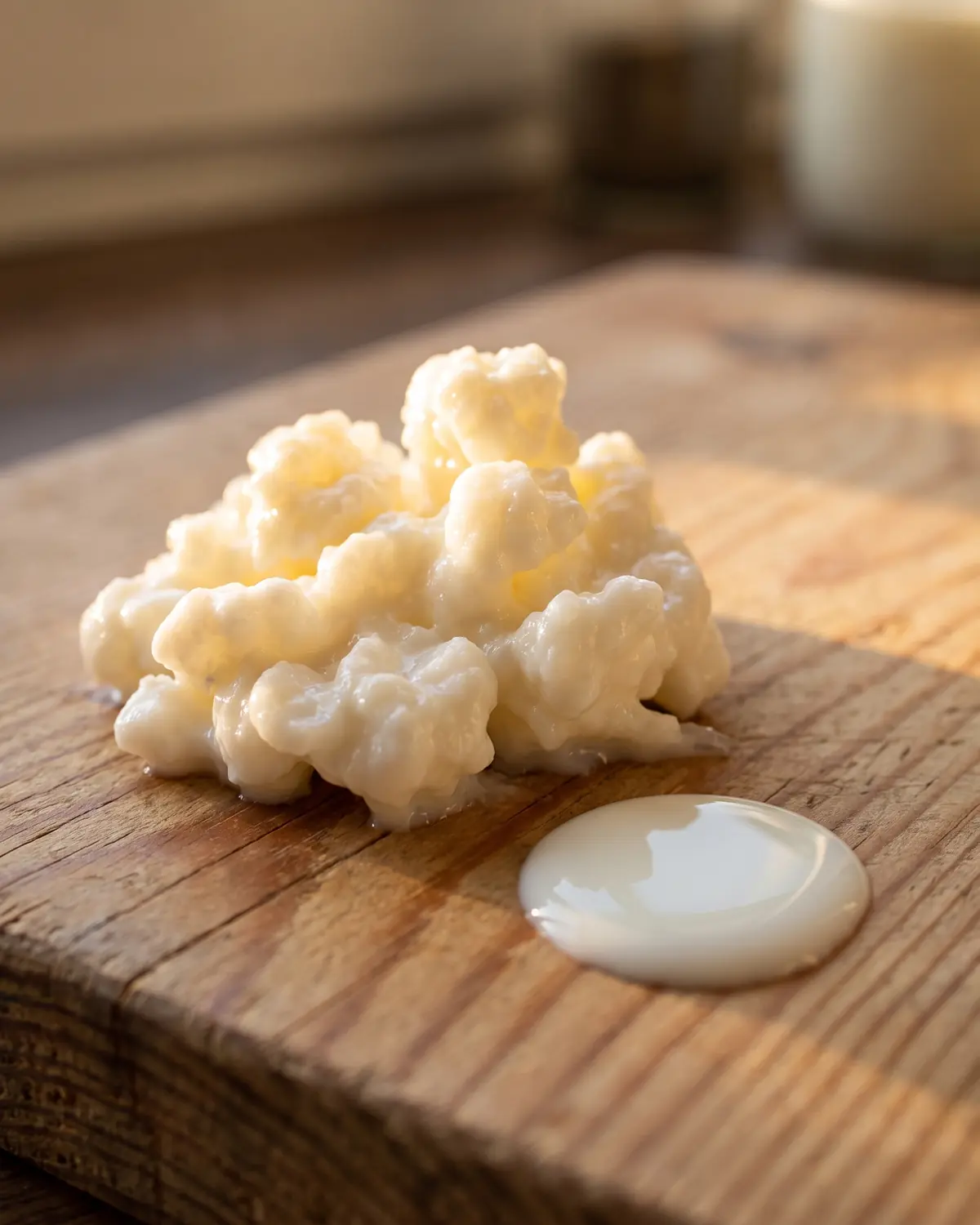 kefir maladie de crohn Goutte de lait sur une planche de pin, près d’un grain éclairé par une lumière chaude.