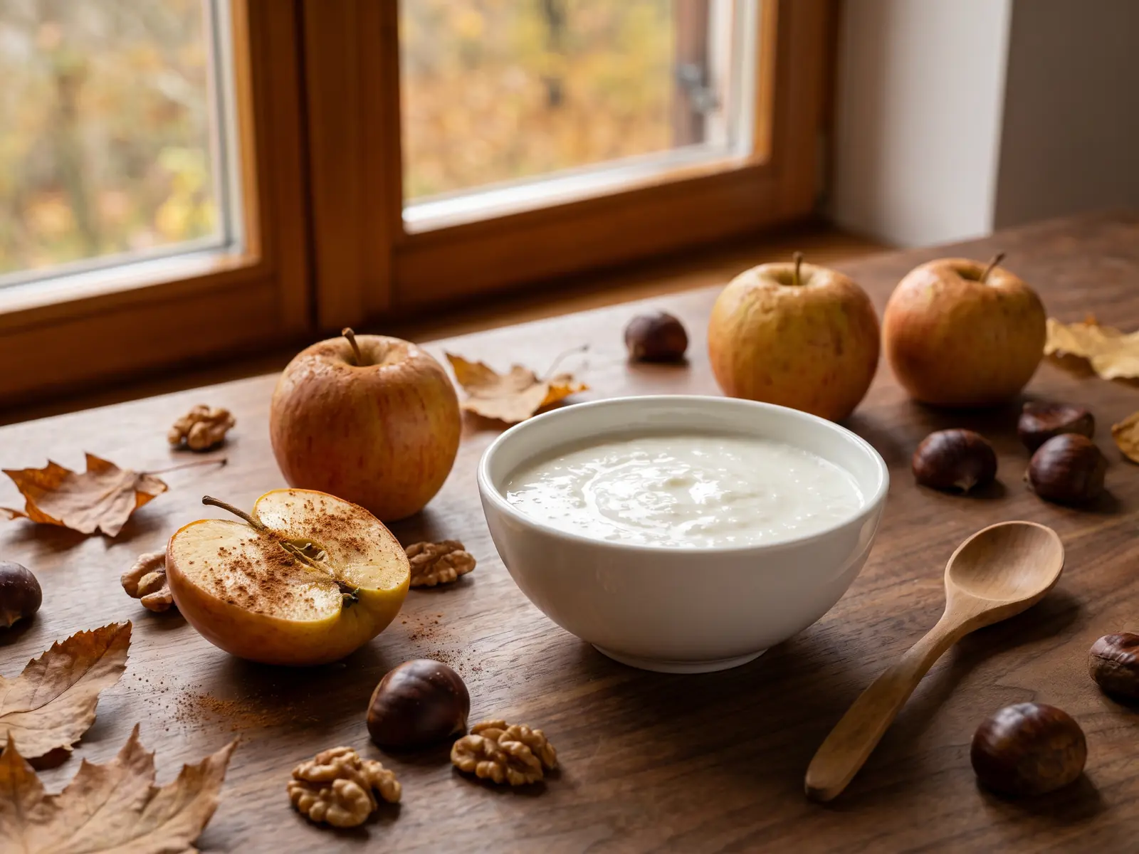 Bol de k&eacute;fir de lait sur une table en noyer, avec pommes r&ocirc;ties, ch&acirc;taignes et lumi&egrave;re d&rsquo;automne.