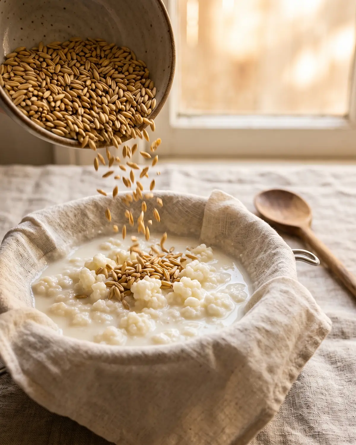 Des grains d&rsquo;avoine tombent d&rsquo;un bol en c&eacute;ramique vers du k&eacute;fir filtr&eacute; pr&egrave;s d&rsquo;une fen&ecirc;tre chaude.