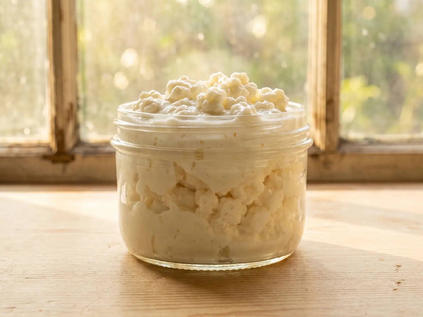 entretien kefir Bocal de kéfir de lait crémeux posé sur du pin clair, éclairé par une fenêtre chaude.