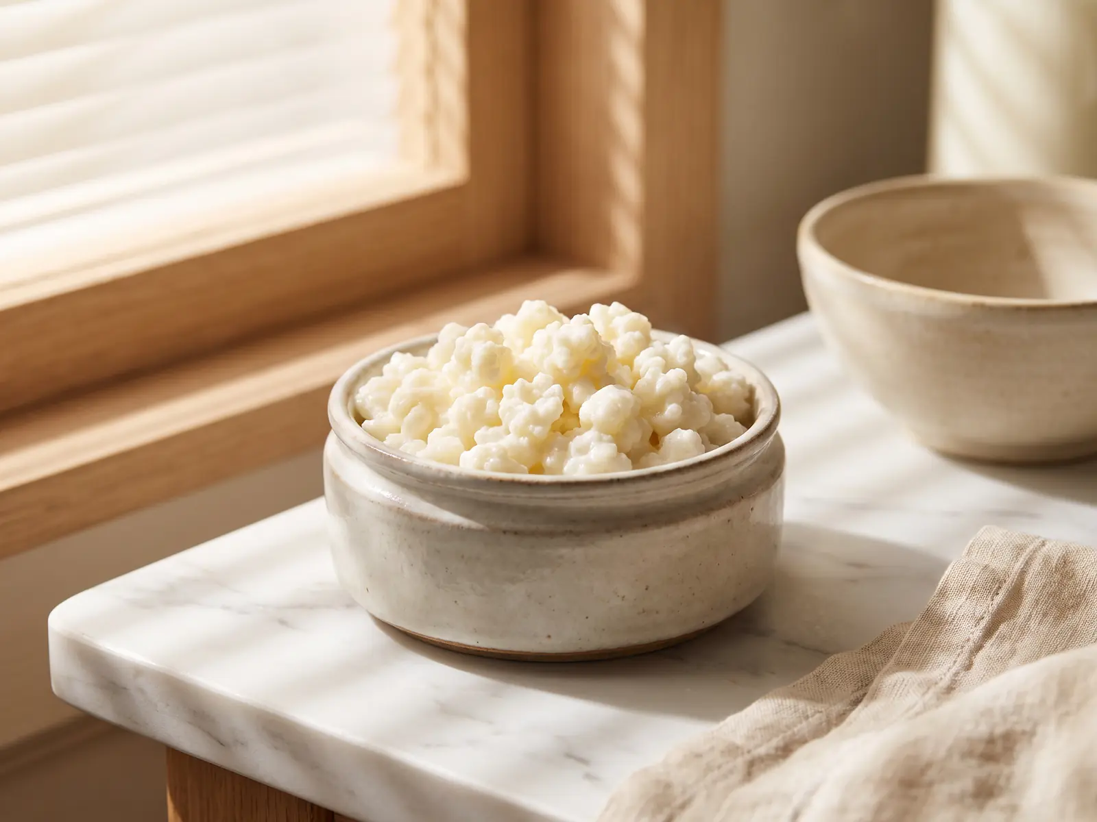 ingredient kefir Bocal bas de kéfir de lait crémeux avec grains, posé sur marbre blanc sous des ombres de persienne.