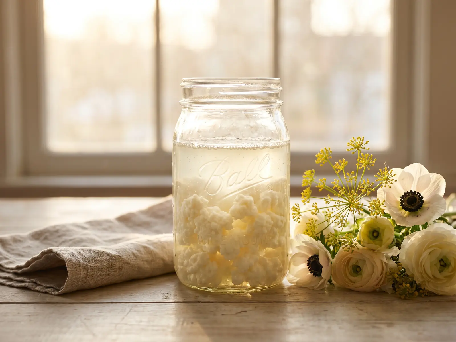 Bocal de k&eacute;fir de lait en fermentation pr&egrave;s de fleurs, sur du lin et du bois clair en contre-jour.