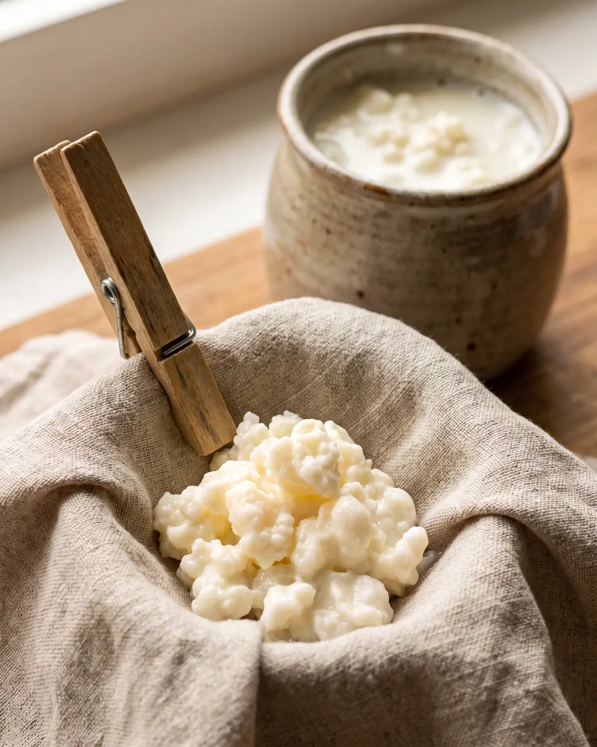 Pince de bois ouvrant un linge de lin, avec un bocal laiteux et des grains de k&eacute;fir flous au fond.