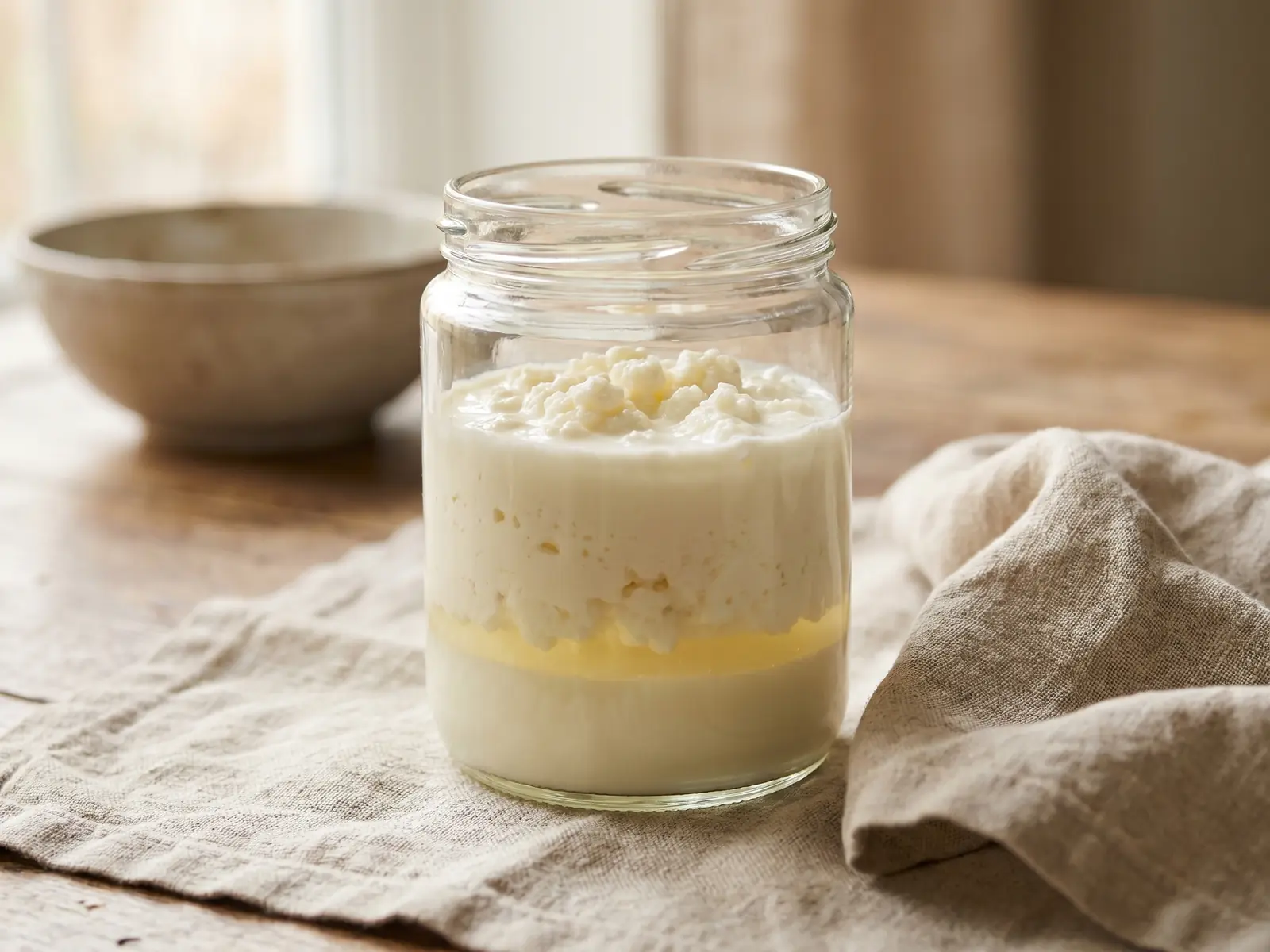 Bocal de k&eacute;fir de lait s&eacute;par&eacute; en couches naturelles, avec une ligne de petit-lait pr&egrave;s d&rsquo;un linge en lin.