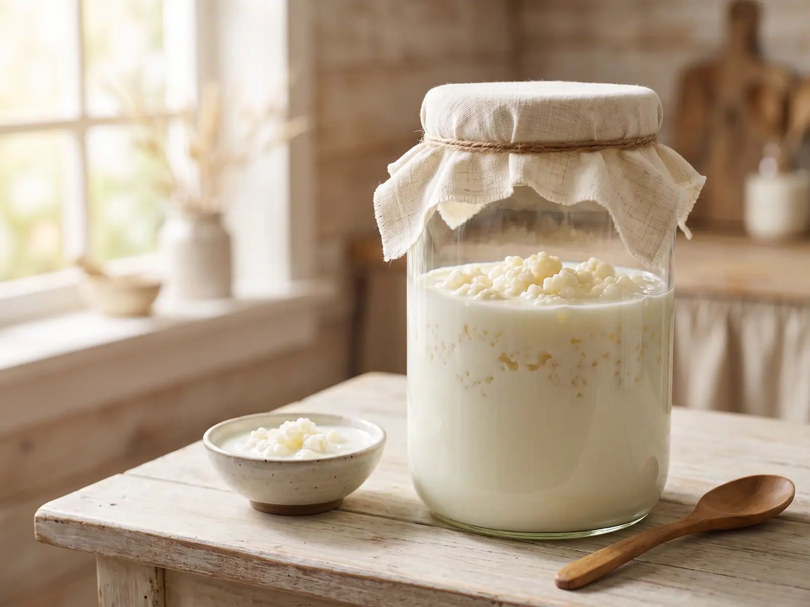 Bocal de k&eacute;fir de lait avec grains visibles et fruits secs pos&eacute;s sur une table en bois.