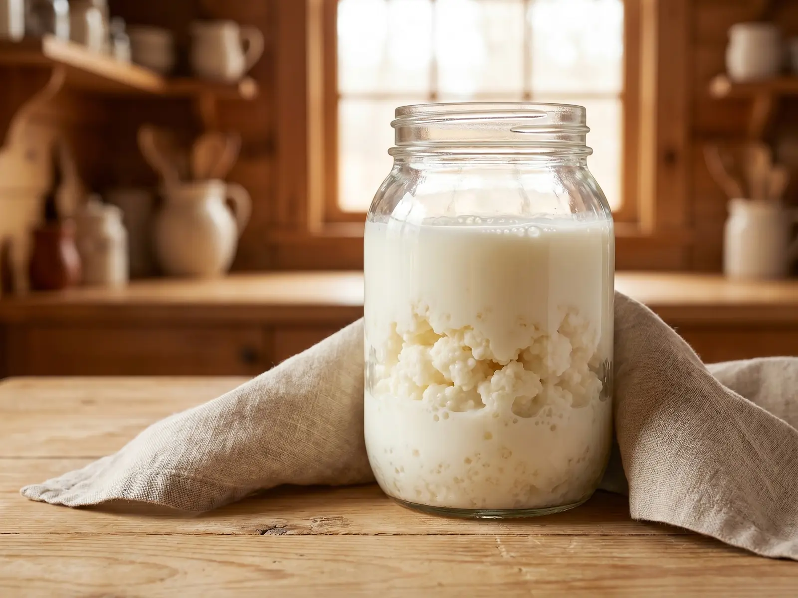 kéfir gluant que faire Bocal de kéfir de lait avec des grains visibles, posé près d’une fenêtre dans une lumière douce.