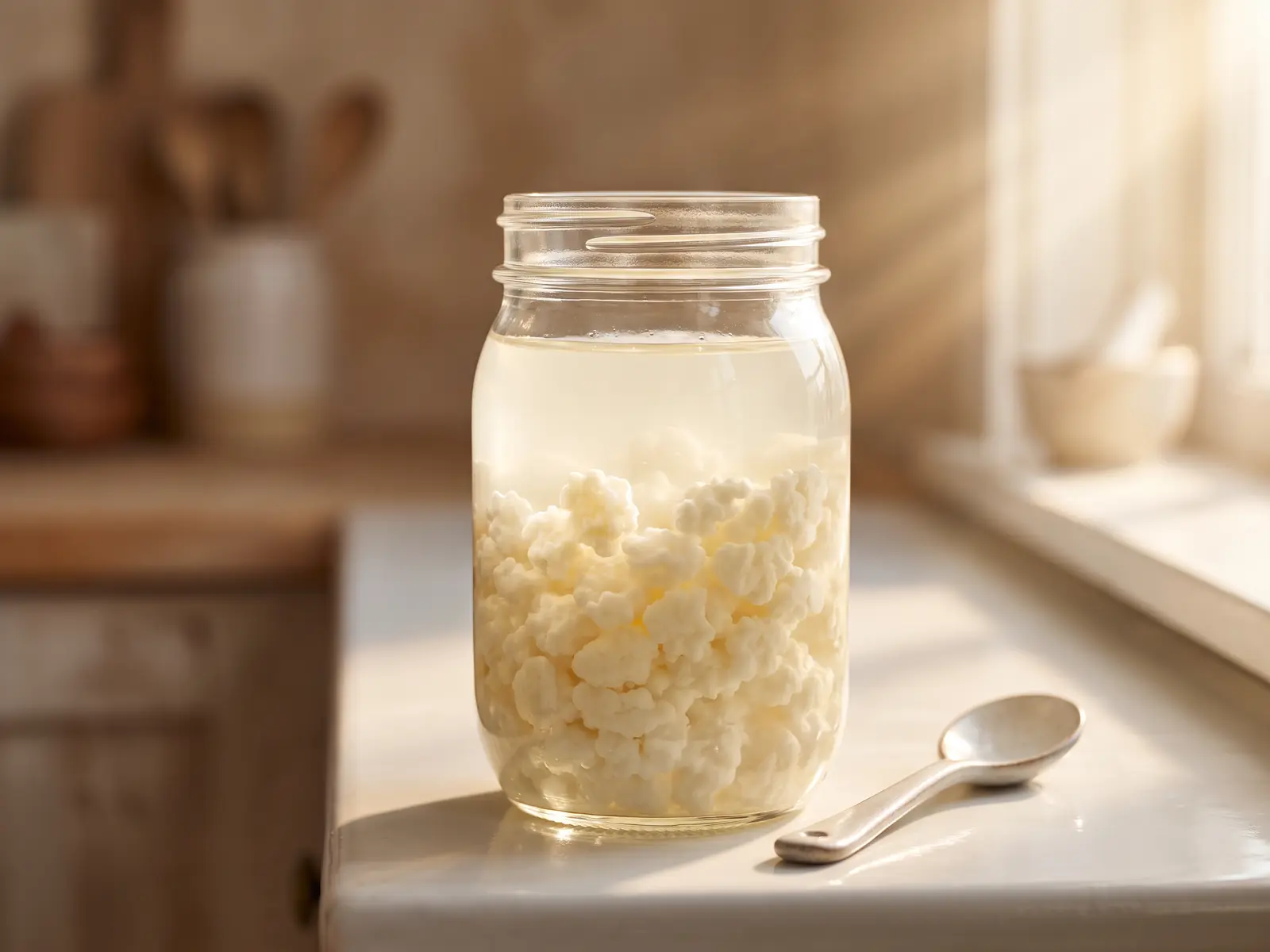 Bocal de k&eacute;fir d&rsquo;eau sur une poyata blanche au lever du jour, avec des grains suspendus dans la lumi&egrave;re.