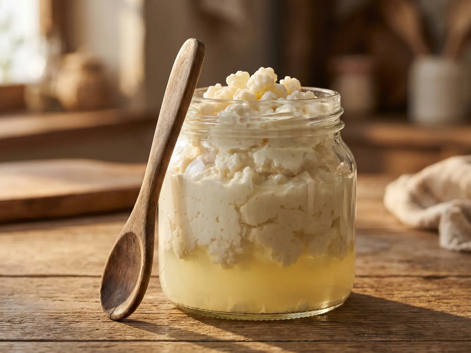 kefir aldi Bocal de kéfir de lait mûr avec sérum séparé, cuillère en bois et lumière douce de fin de journée