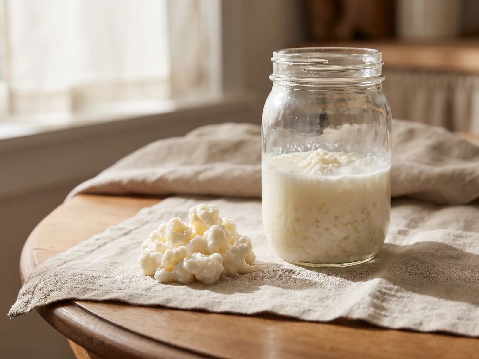 Bocal de k&eacute;fir en fermentation avec grains visibles sur une table en lin, sous une lumi&egrave;re douce de midi.