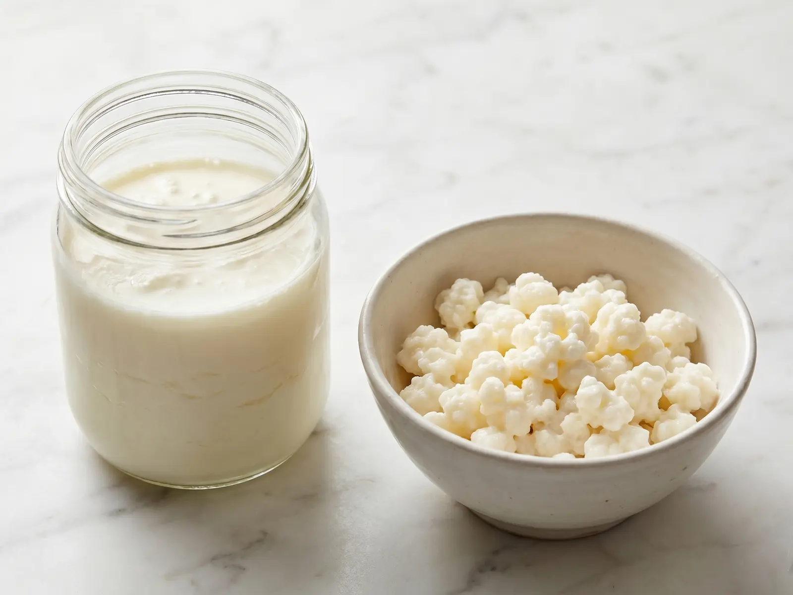 Bocal ouvert de k&eacute;fir de lait sur marbre, avec grains blanc cr&egrave;me dans un bol en c&eacute;ramique.