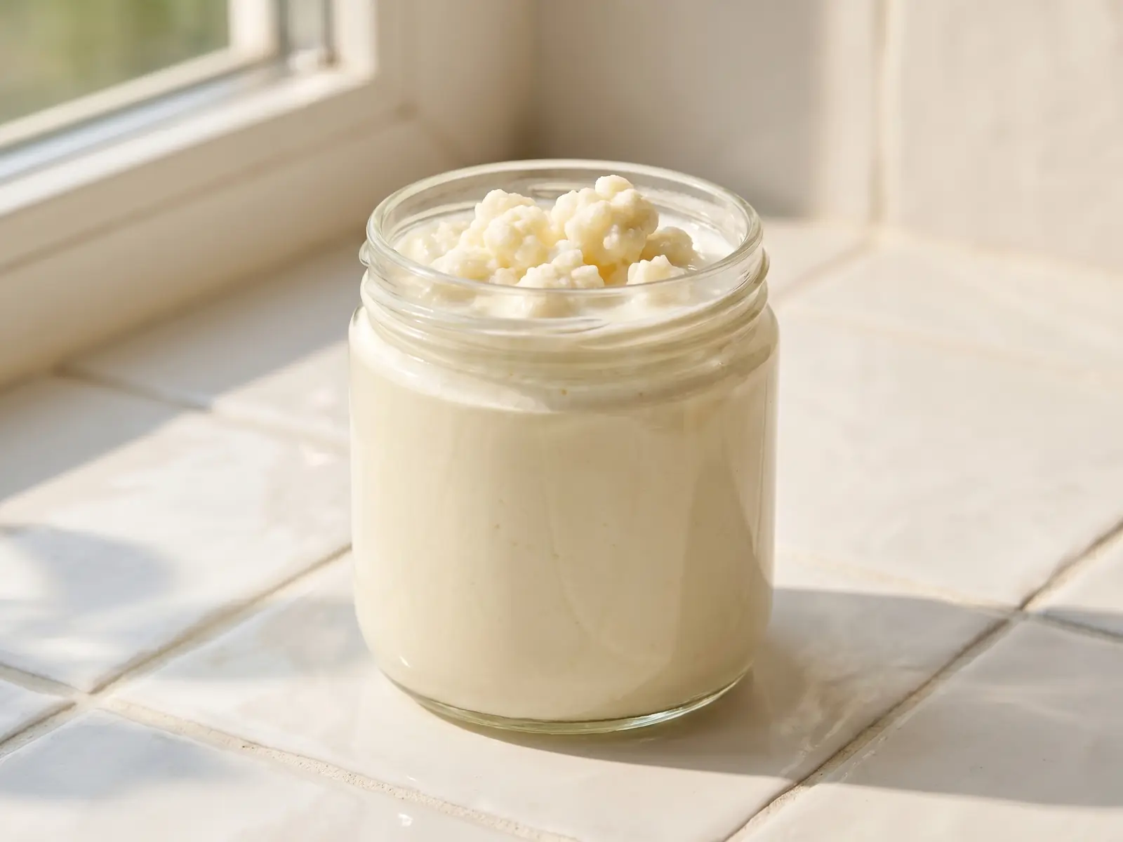 boisson fermentée naturelle Bocal de kéfir de lait posé sur des carreaux blancs, avec une lumière douce venant de la fenêtre.