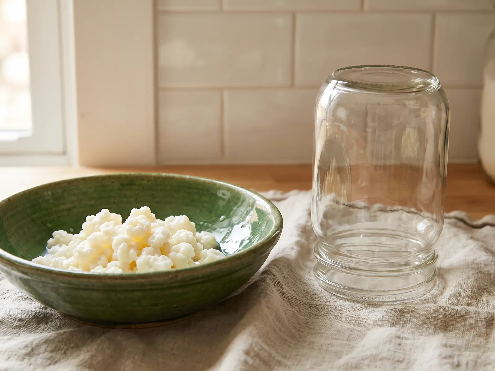 Bocal propre qui s&egrave;che pr&egrave;s d&rsquo;un bol vert avec des grains de k&eacute;fir, du lin et des carreaux blancs.