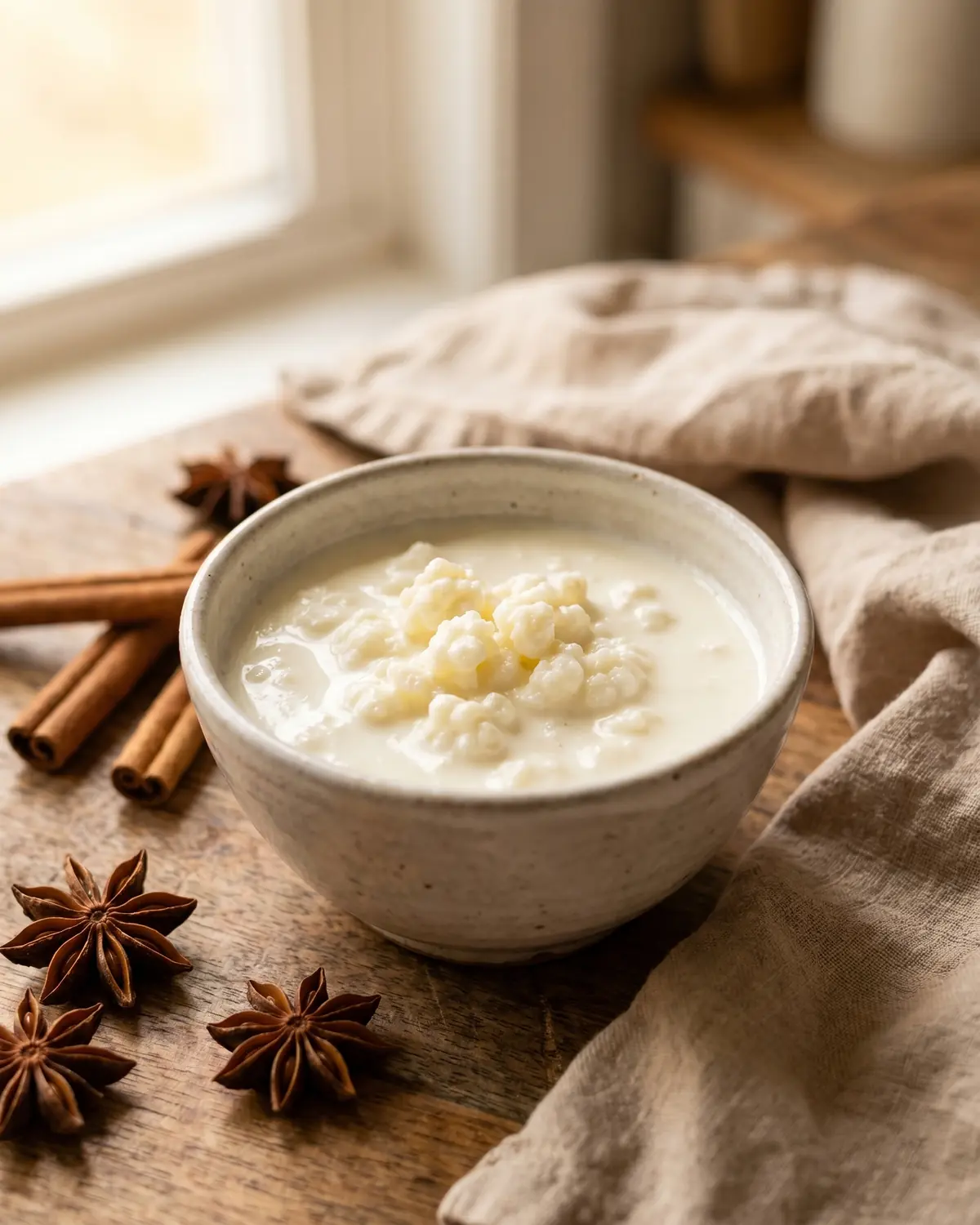 the fermenté bienfaits Petit bol de kéfir naturel posé avec anis étoilé et cannelle dans une ambiance hivernale maison.