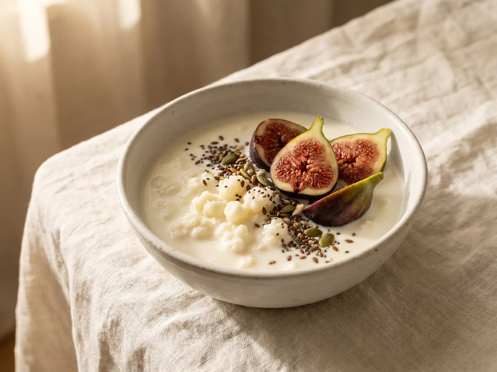 aliments fermentés probiotiques Bol blanc de kéfir au lait servi avec des figues fraîches et des graines sur un linge froissé.