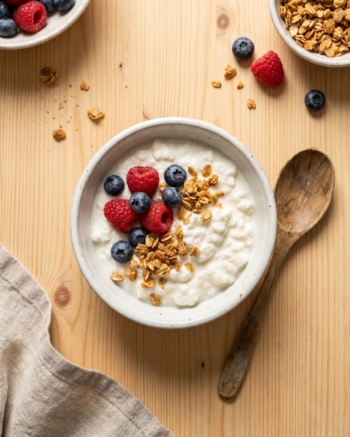 kefir acide Bol de kéfir prêt à déguster avec fruits rouges, granola et cuillère en bois sur une table.