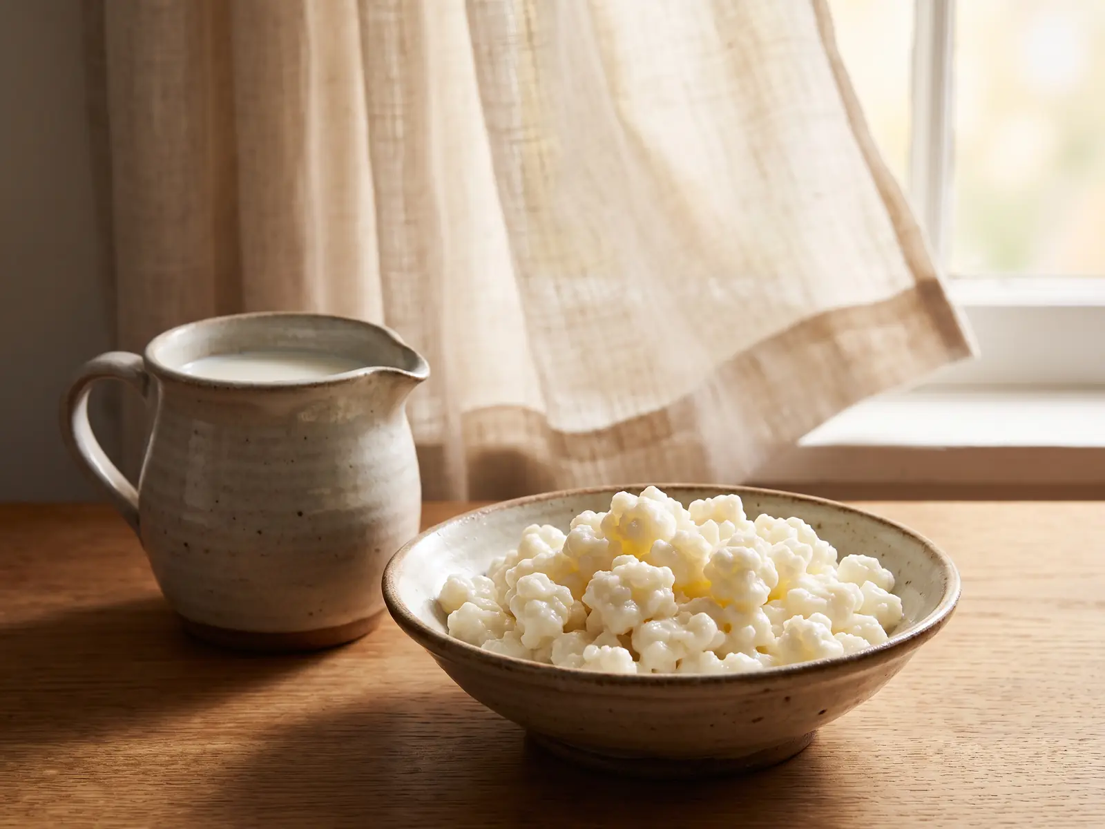 conserver grains de kéfir au frigo Bol de grains de kéfir et pichet en céramique près d’un voilage en lin gonflé par la brise.