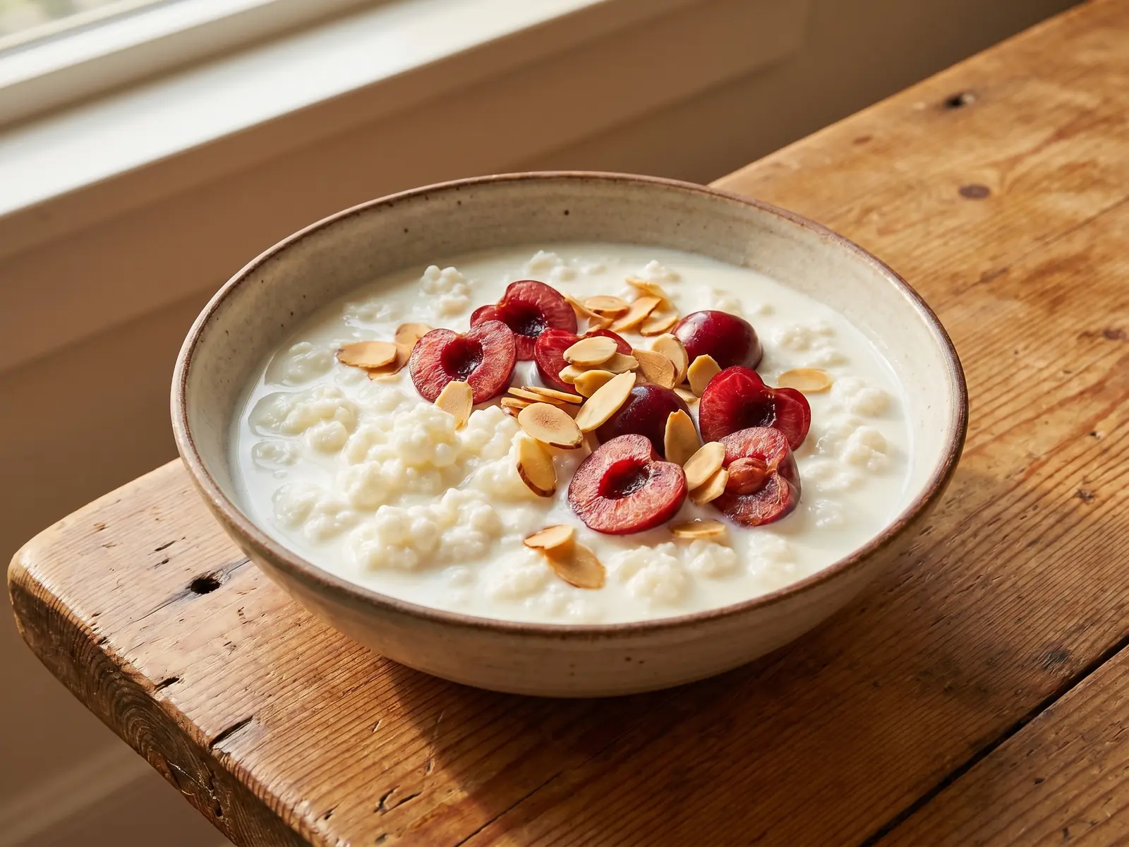 Bol large de k&eacute;fir cr&eacute;meux avec cerises coup&eacute;es et amandes grill&eacute;es sur une table en pin.