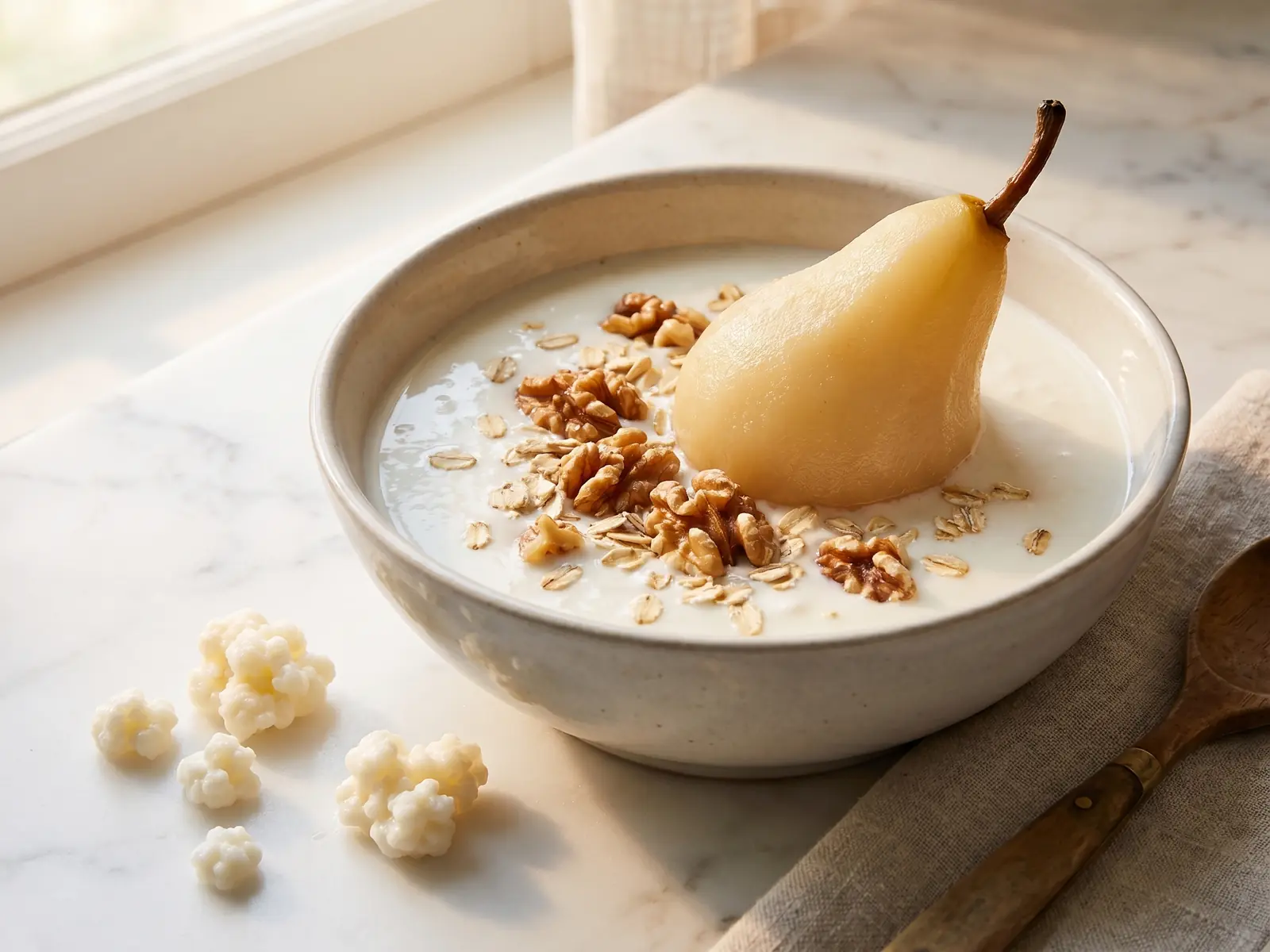 le kéfir fait il maigrir Bol de kéfir avec poire, noix et avoine sur marbre blanc, dans une scène de petit déjeuner calme.