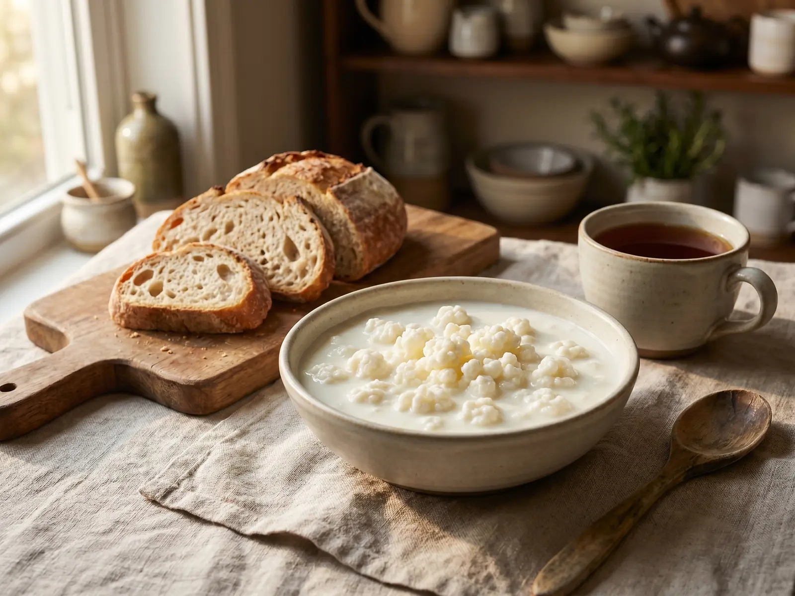 boisson fermentée à base de thé et de bactéries Bol de kéfir de lait posé près d’une tasse de thé, de pain rustique et d’un linge en lin naturel.