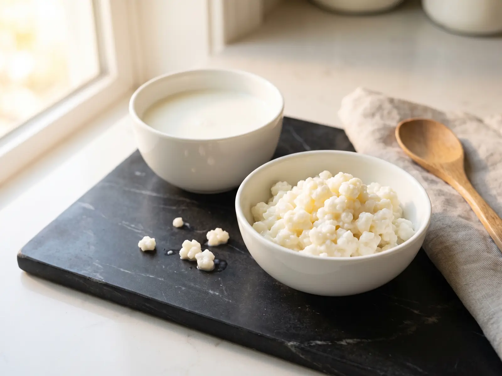 vertus du kéfir de fruits Deux bols blancs avec des grains de kéfir séparés et du lait frais sur un marbre noir mat.