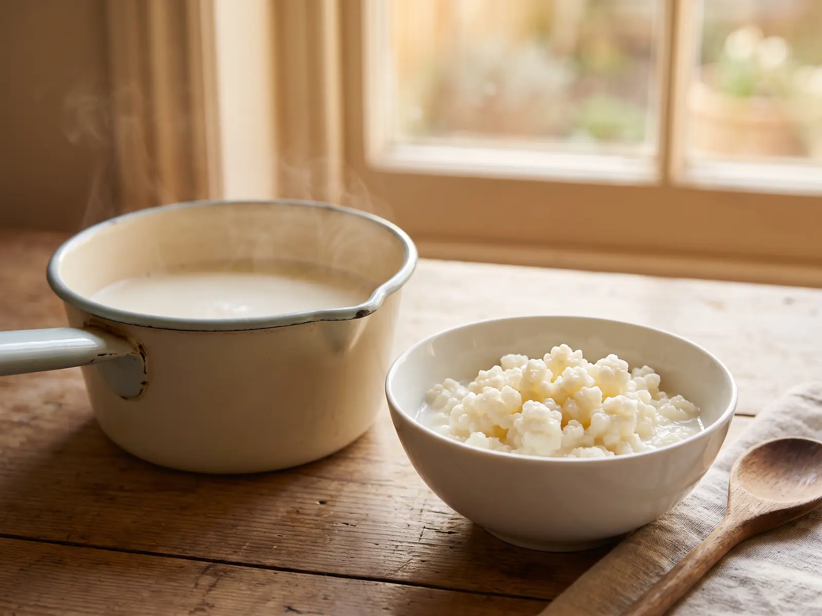 Casserole de lait ti&egrave;de, grains de k&eacute;fir dans un bol blanc et lumi&egrave;re chaude pr&egrave;s d&rsquo;une fen&ecirc;tre.