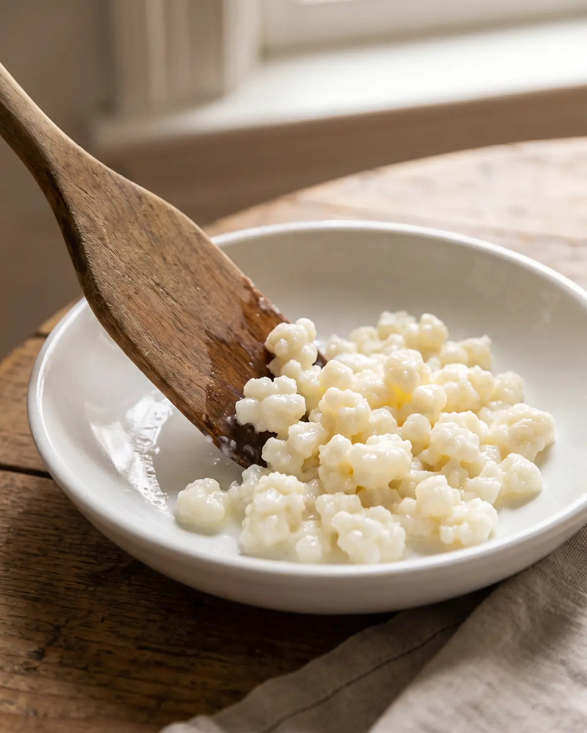 Spatule en bois ramenant doucement des grains de k&eacute;fir vers le centre d&rsquo;un bol blanc en gros plan