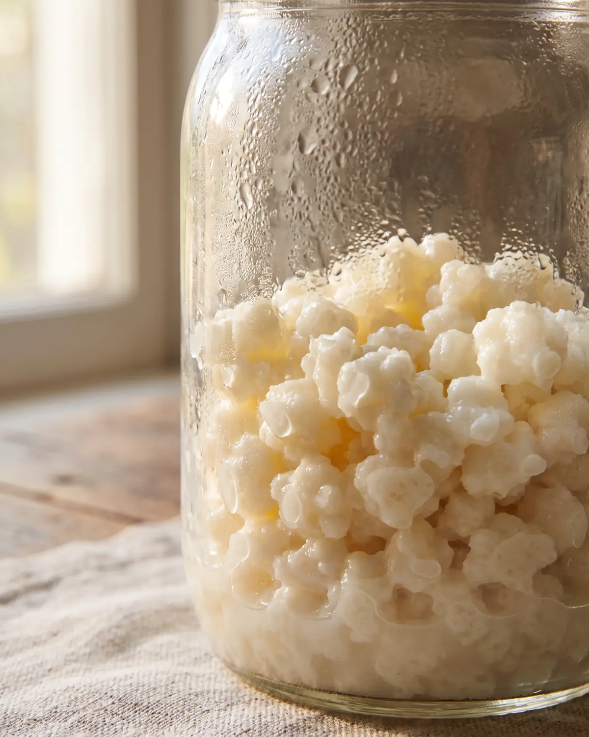 Grains blanc cr&egrave;me vus &agrave; travers un bocal avec de fines perles de condensation sur le verre.