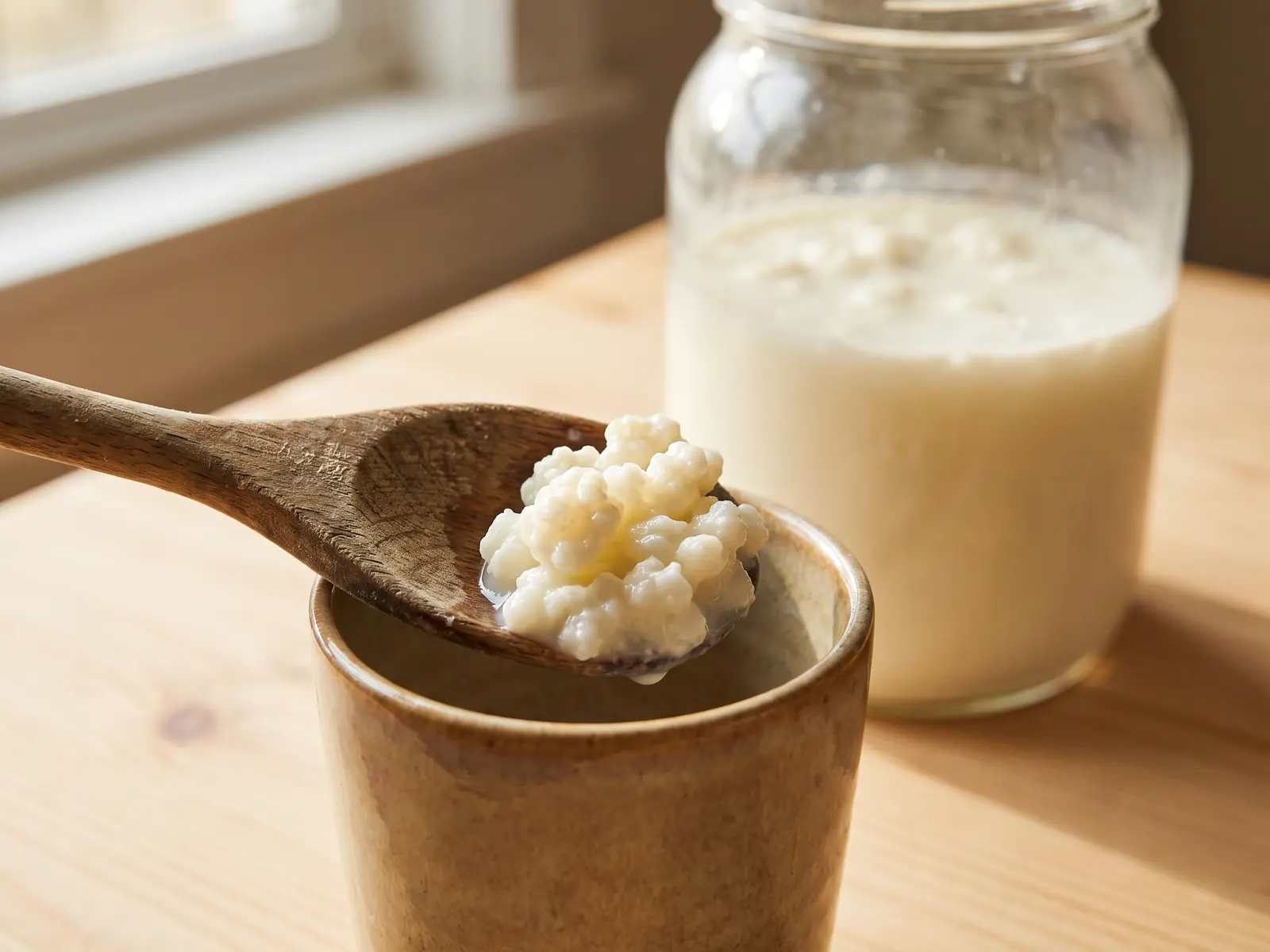 Cuill&egrave;re en bois avec des grains de k&eacute;fir au-dessus d&rsquo;une tasse, pr&egrave;s d&rsquo;un bocal laiteux sur table claire.