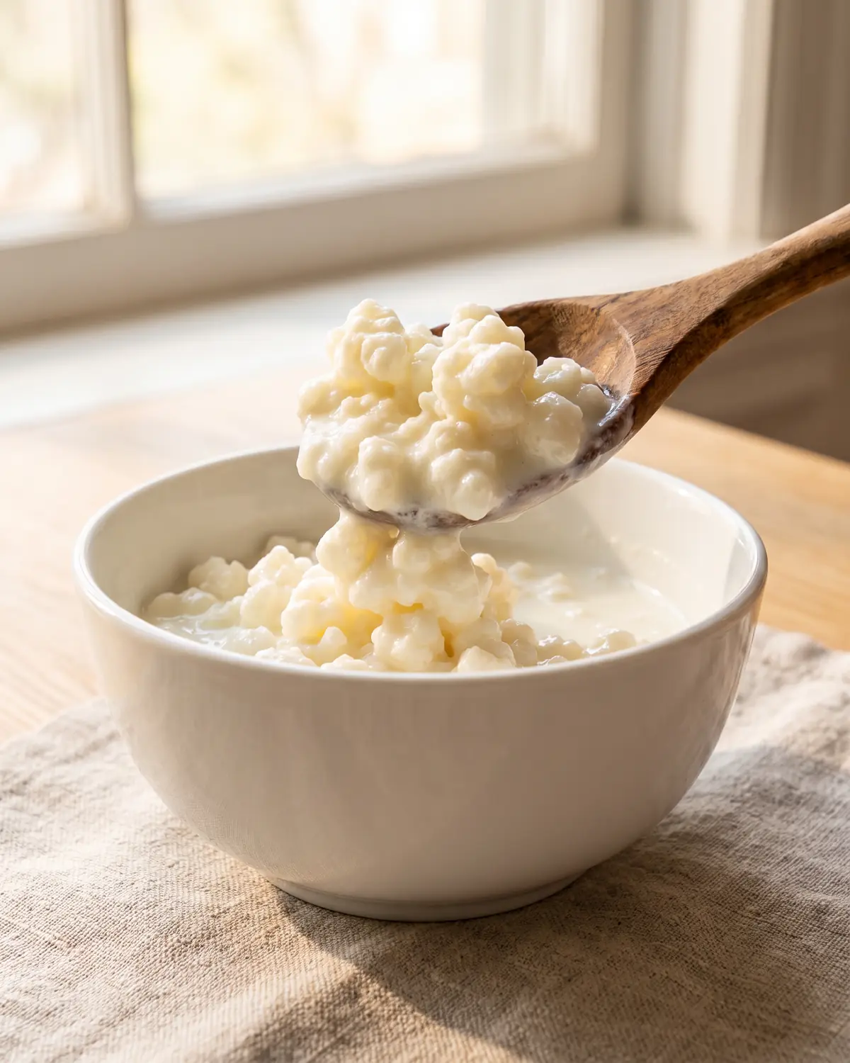 Cuill&egrave;re en bois soulevant des grains de k&eacute;fir denses au-dessus d&rsquo;un bol blanc, pr&egrave;s d&rsquo;un linge.