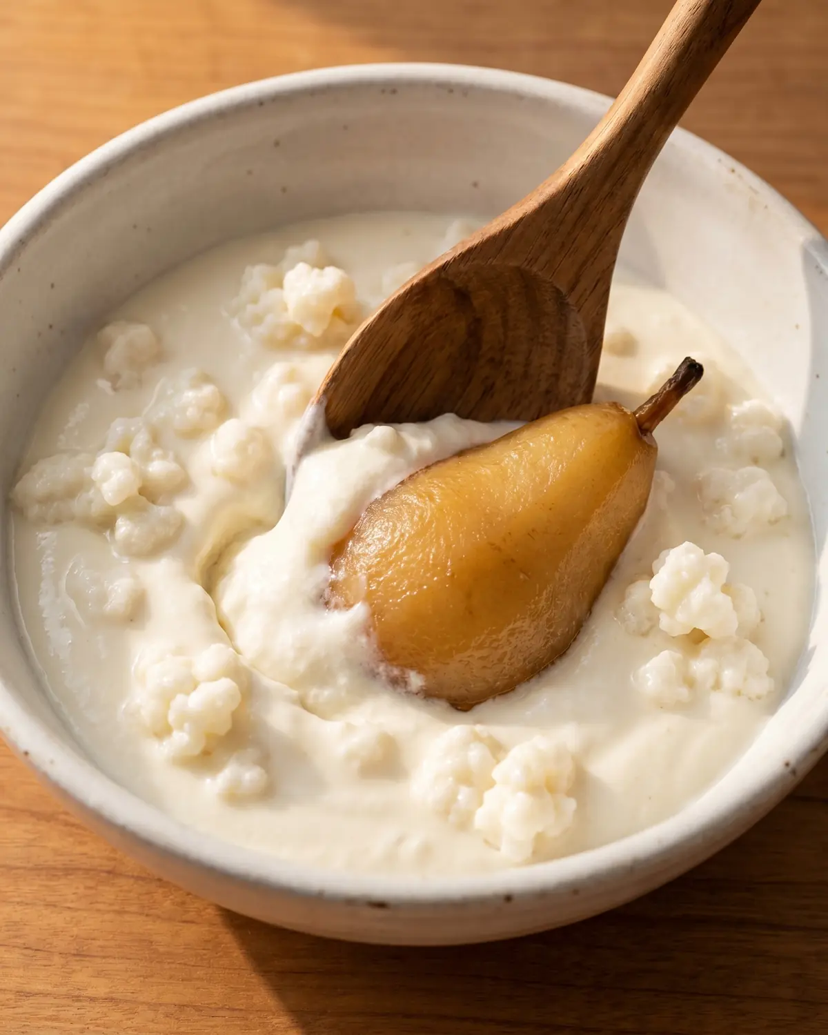 comment faire du kéfir de lait maison Cuillère en bois traçant un sillon dans un kéfir de lait épais avec de la poire cuite en bol blanc.