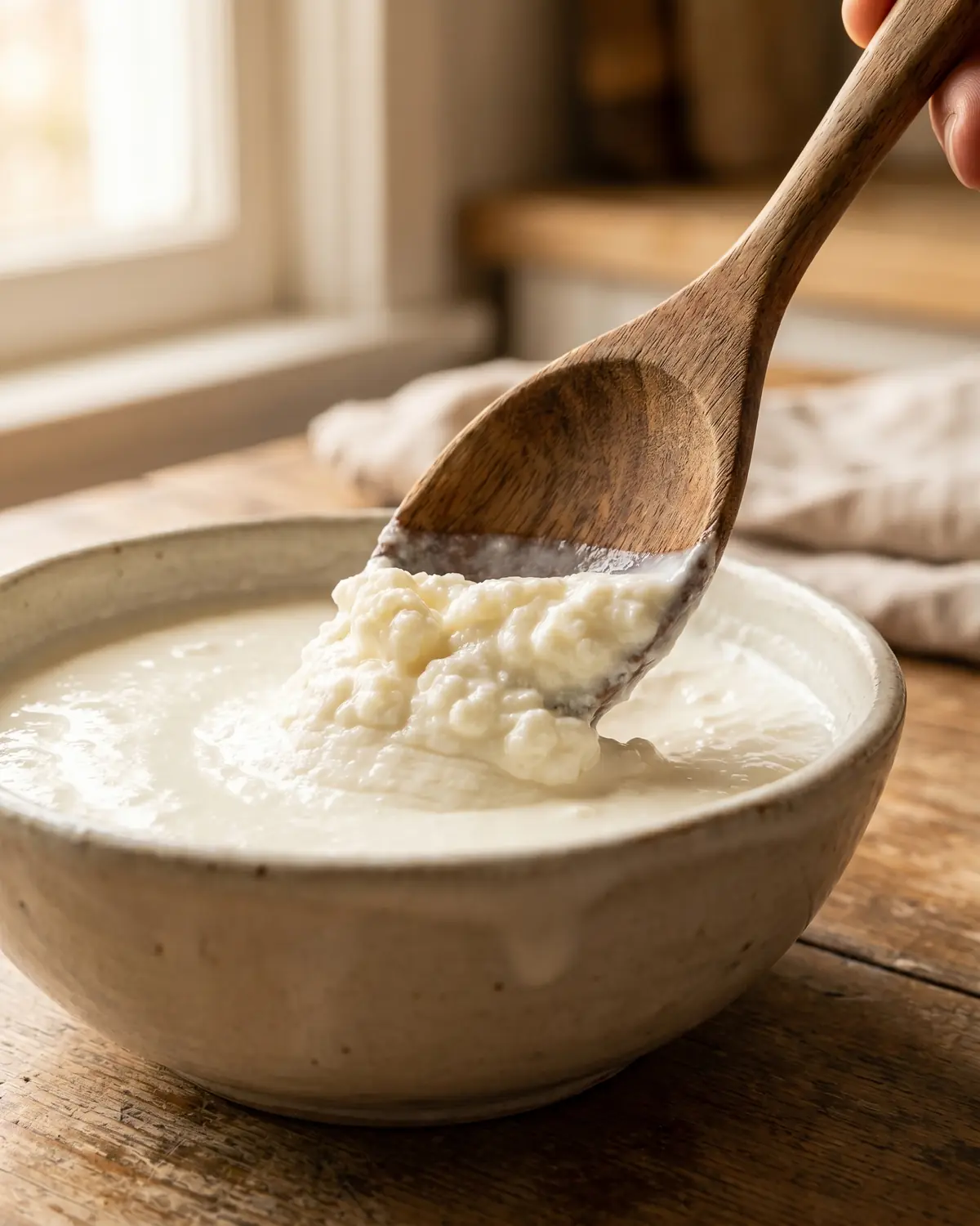 entretien kefir Cuillère en bois traversant un kéfir ferme dans un bol, avec une texture crémeuse au premier plan.