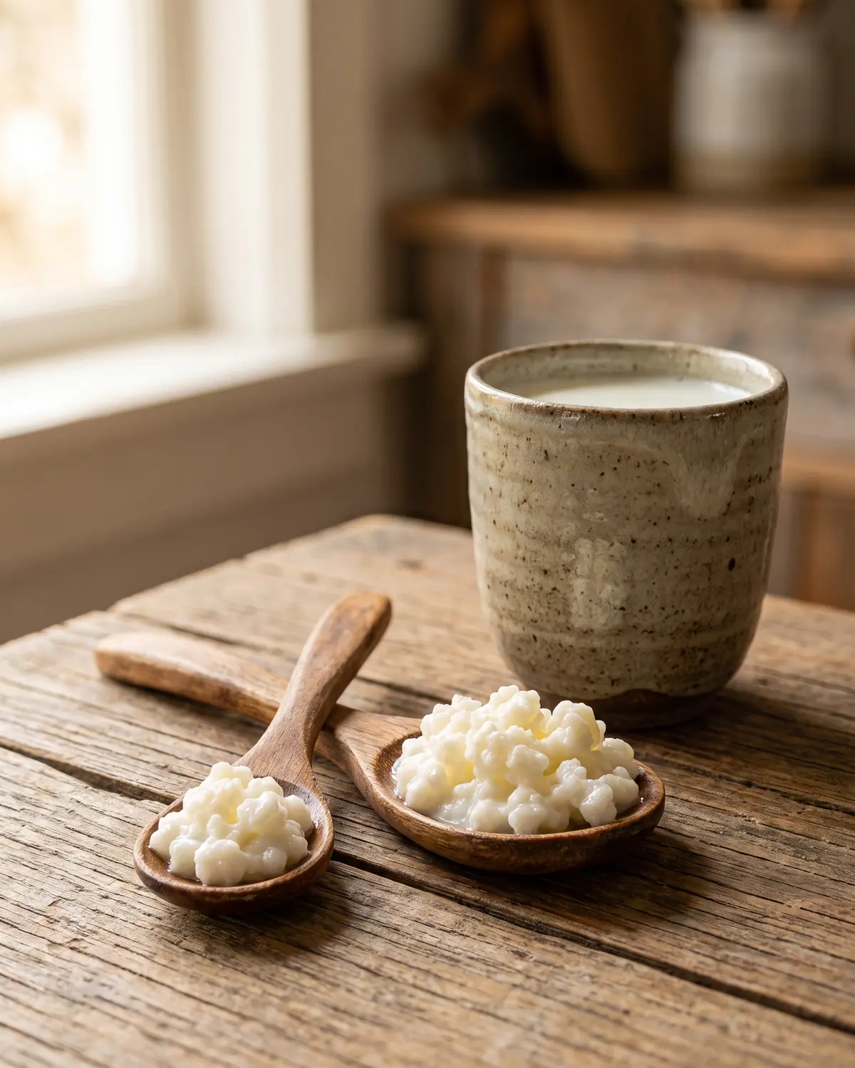 Deux cuill&egrave;res en bois pr&eacute;sentent des portions de grains de k&eacute;fir pr&egrave;s d&rsquo;une tasse en c&eacute;ramique.