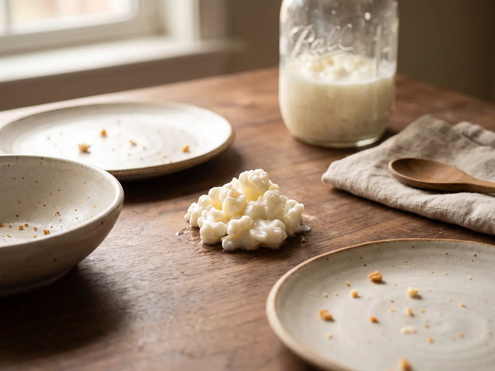 Bocal de culture de k&eacute;fir avec grains au fond, pos&eacute; sur une table en noyer avec vaisselle en c&eacute;ramique.