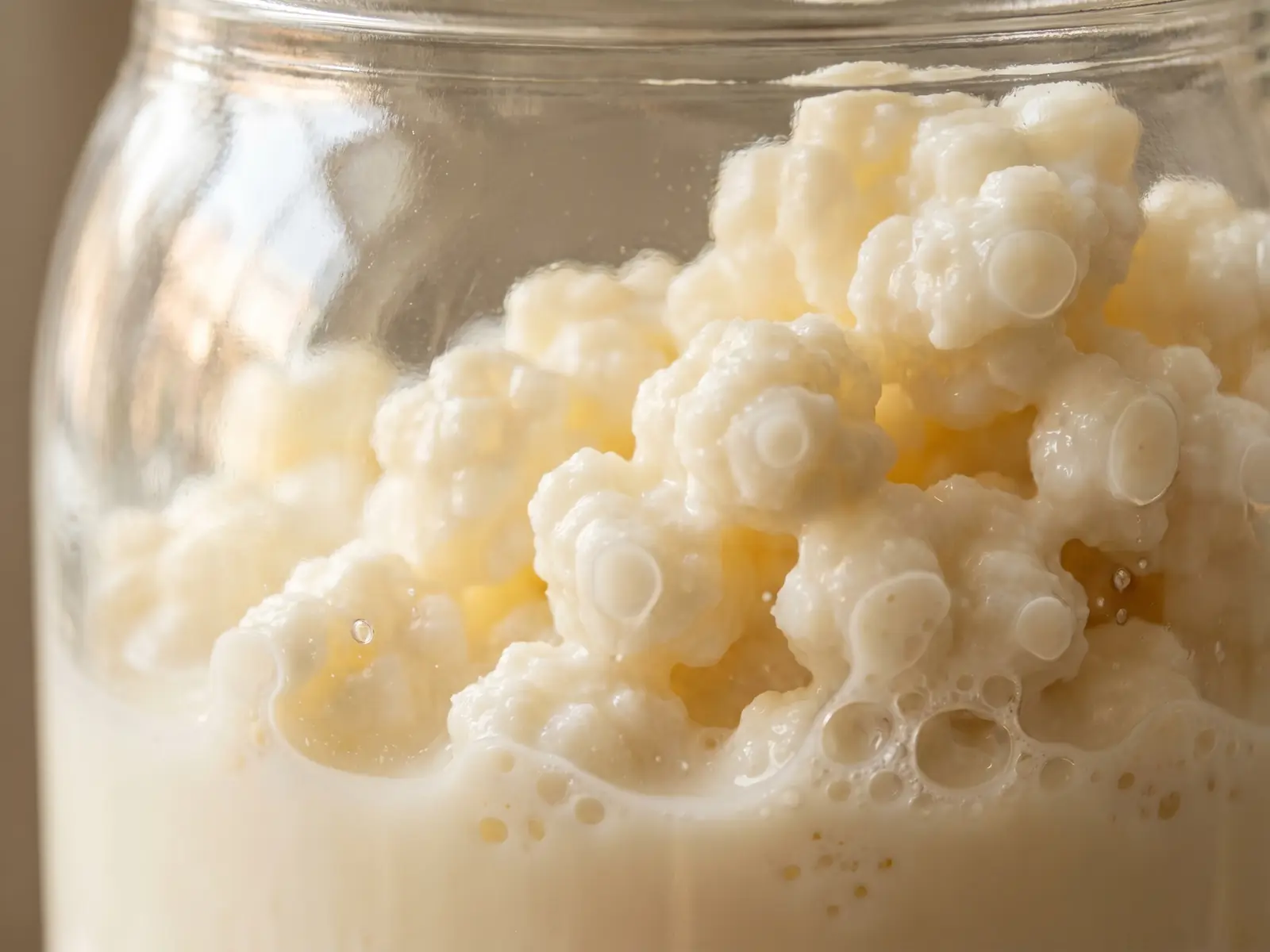 Grains de k&eacute;fir coll&eacute;s au verre d&rsquo;un bocal, avec une boisson lact&eacute;e cr&eacute;meuse et de fines bulles visibles.